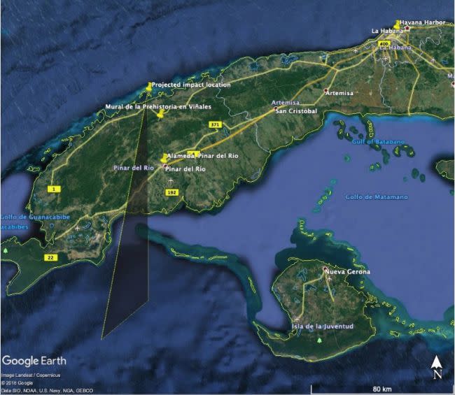 Trajectory of the meteor that fell over Cuba on Feb. 1, 2019, as reconstructed by a team of Colombian astronomers. <cite>Zuluaga et al./Google Earth</cite>
